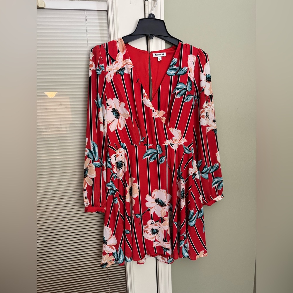 Express Red and Green Floral Long Sleeve Mini Dress